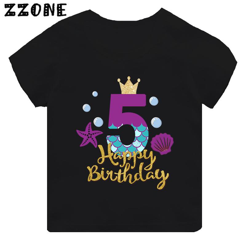 Cute Mermaid Princess Print Girls Clothes 1 2 3 4 5 6 7 8 9 Years Happy Birthday Kids Short Sleeve T Shirt Baby Boys TShirts