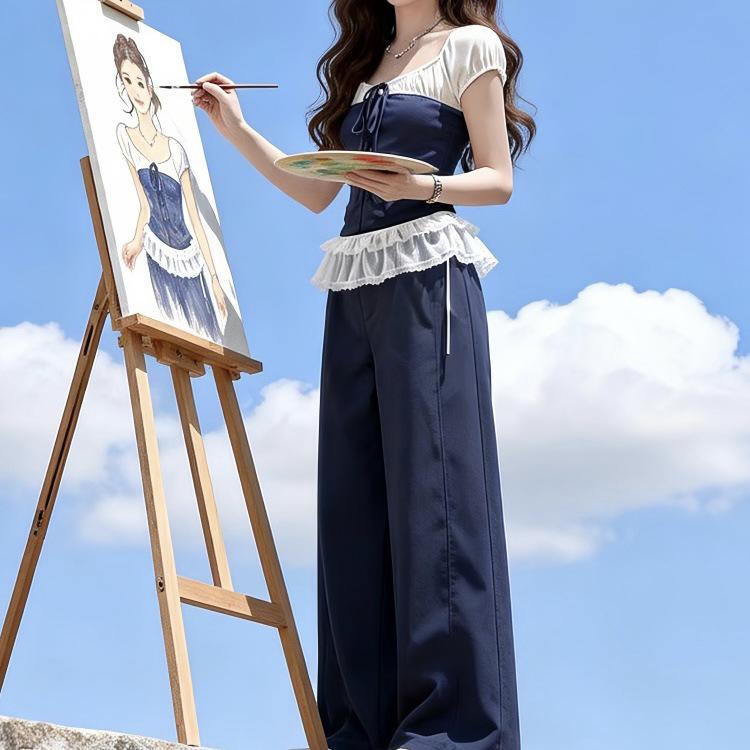 Summer Retro Color Block Two-Piece Set: Short Sleeve Top & Casual Pants Extra Large