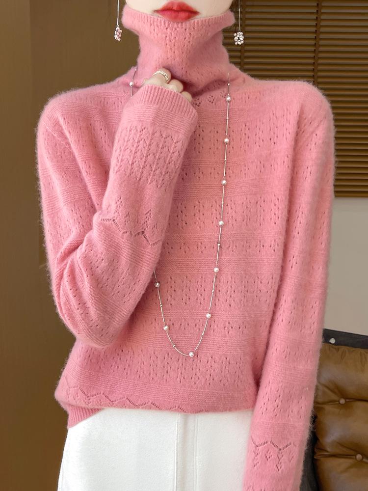 Women's Pure Wool Mock Neck Sweater - Seamless Hollow Knitwear for Autumn/Winter