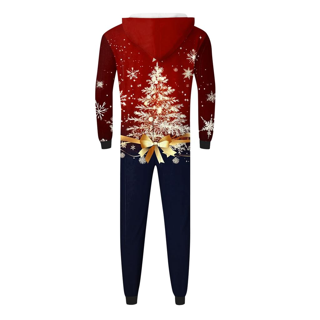 Christmas Print Parent-Child Outfit Hooded Zipper One-Piece Fashionable Home Suit Set