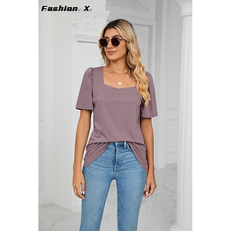Printemps et Été Nouveau T-shirt ample à manches courtes et col carré de couleur unie Tops tricotés Femme