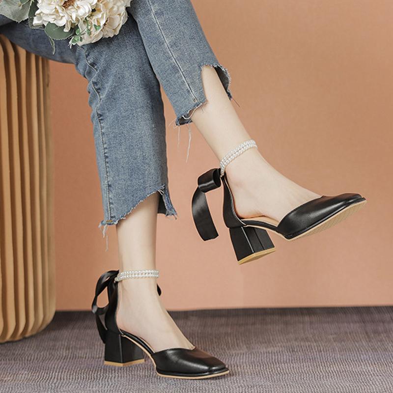 Fashion Rear Rbbion Bow High Heels Woman Ankle Pearl Beading Sandals 2025 Square Toe Pumps Ladies Office Dress Mary Janes Wedges Tacones