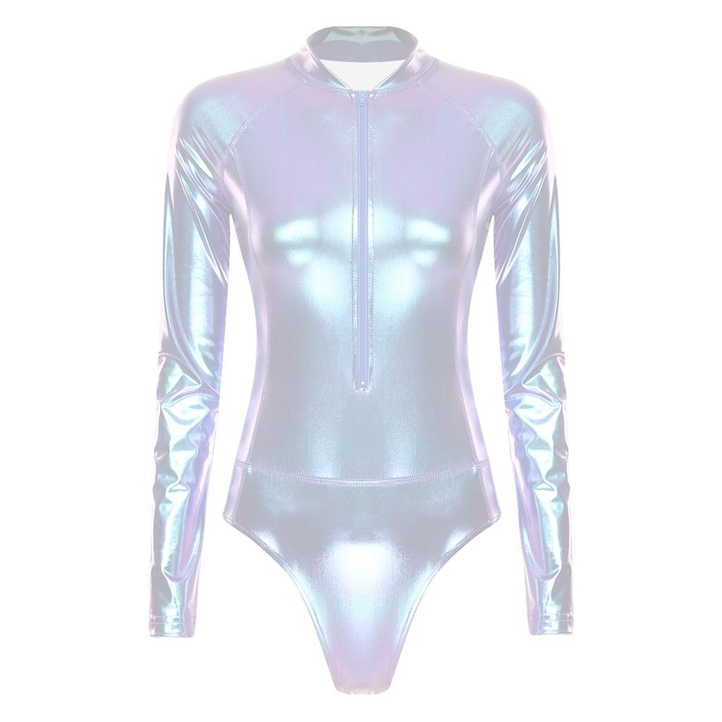 Leotardo Brillante de una Pieza para Mujer Manga Larga Cremallera Delantera Body Metálico Bañador de Gimnasia