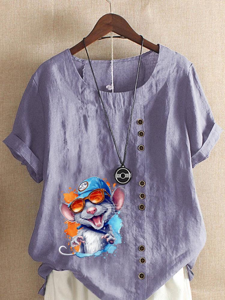 Women's Fashion Colorful Mouse Print Round Neck Short Sleeve T-shirt Casual Cotton Linen Graphic Shirt Leisure Loose Summer Blouse Tops