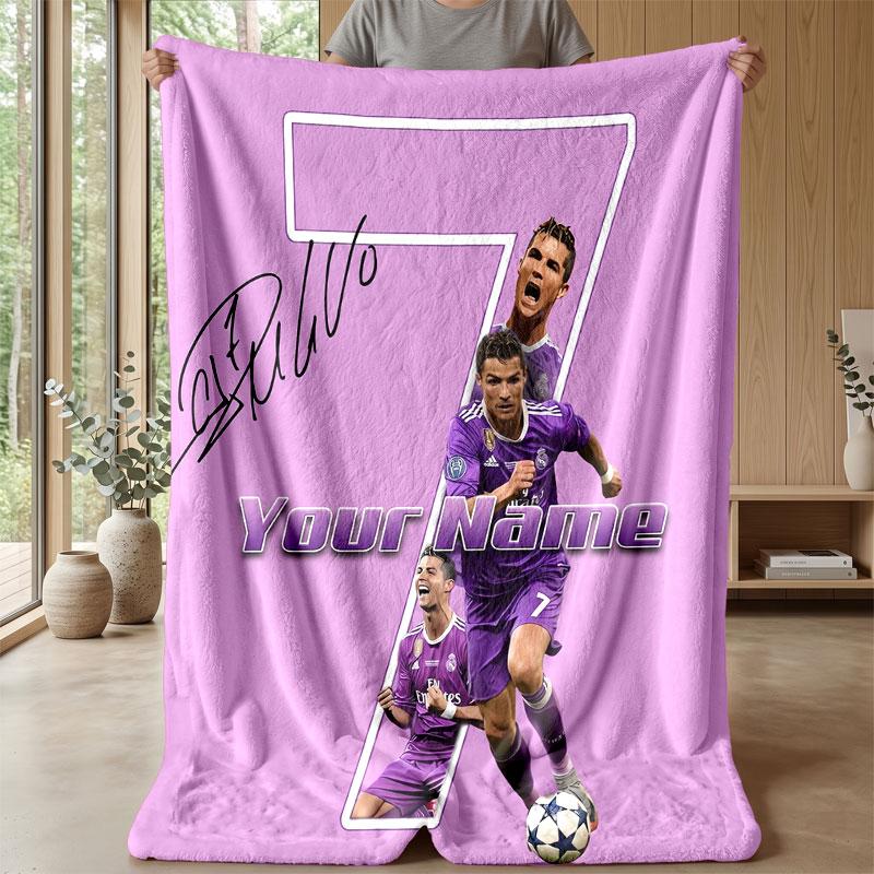 Coperta in Flanella Personalizzata con Nome Cristiano Ronaldo Logo Calcio Coperta Plaid in Pile Personalizzata Regalo Speciale per Divano Camera da Letto Casa