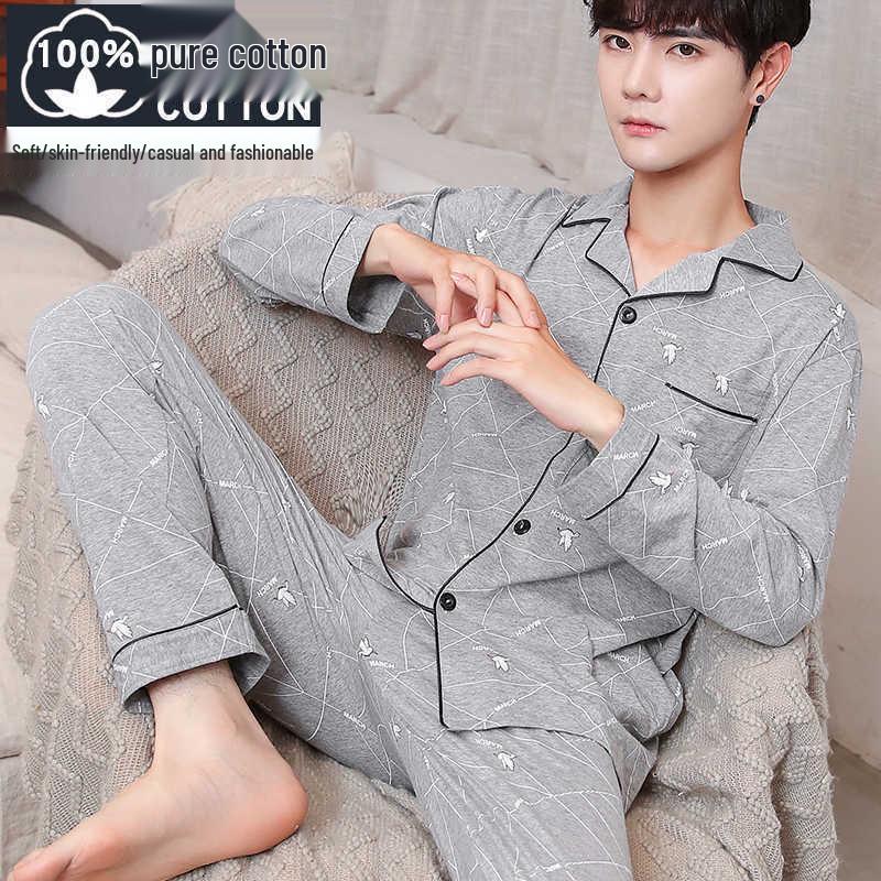 Men's 100% Cotton Long Sleeve and Pants Pajama Set - Plus Size, Spring/Autumn, Loose Fit, Two-Piece Home Wear