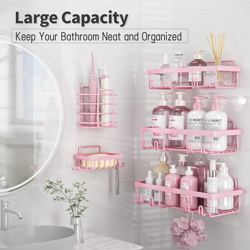 5 Pack Shower Caddy Organizer Rack Shelf for Inside Shower, Adhesive Bathroom Wall Storage Basket Rustproof Stainless Steel Shampoo Holder, Girly