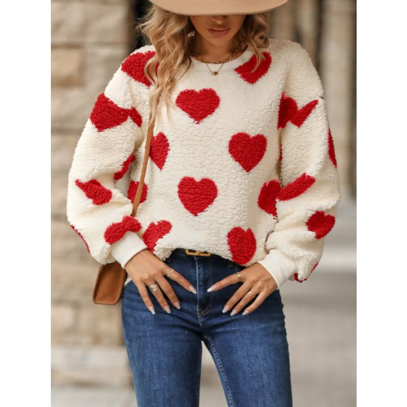 Felpa da donna autunno/inverno a maniche lunghe con girocollo, ampia, con stampa a cuore in peluche