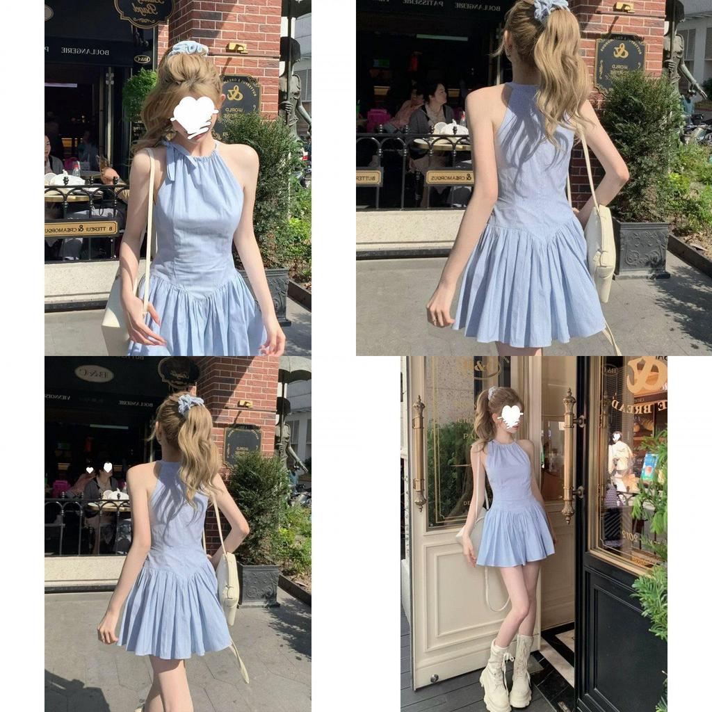 Summer Blue Stripe Knit Dress With Spliced Design For Streetwear Enthusiasts