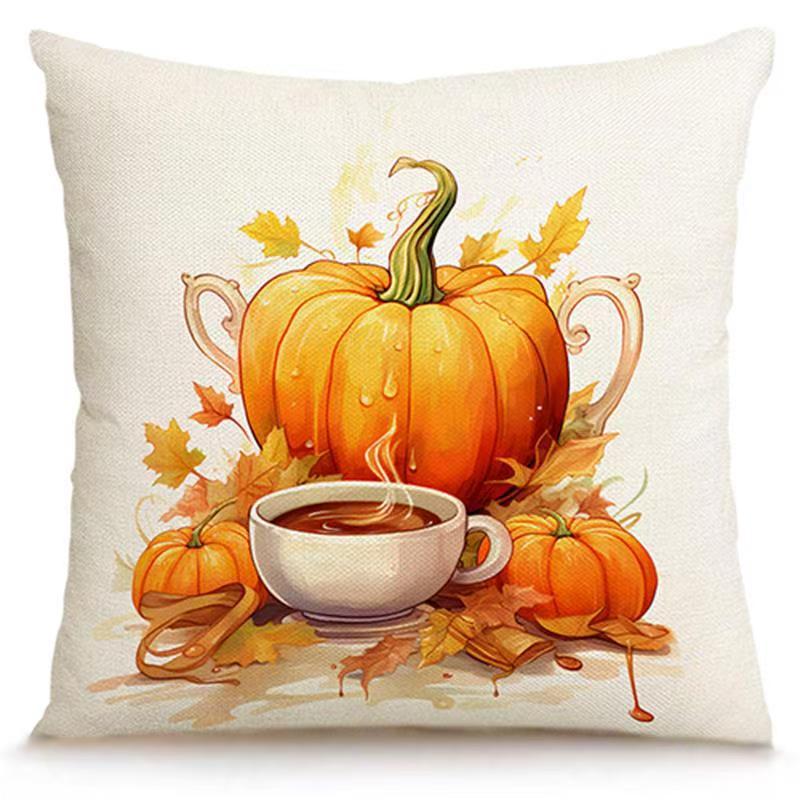 New Autumn Thanksgiving Throw Pillow Cover Linen Print Cartoon Pattern Living Room Bedroom Sofa Decoration