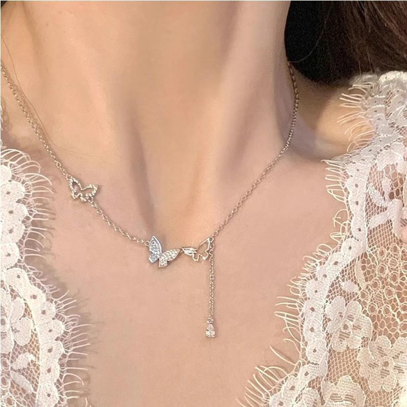 Korean Style Fashion Collarbone Chain Inlaid with Flash Diamond Double Butterfly Tassel Necklace for Women Versatile Design Accessories