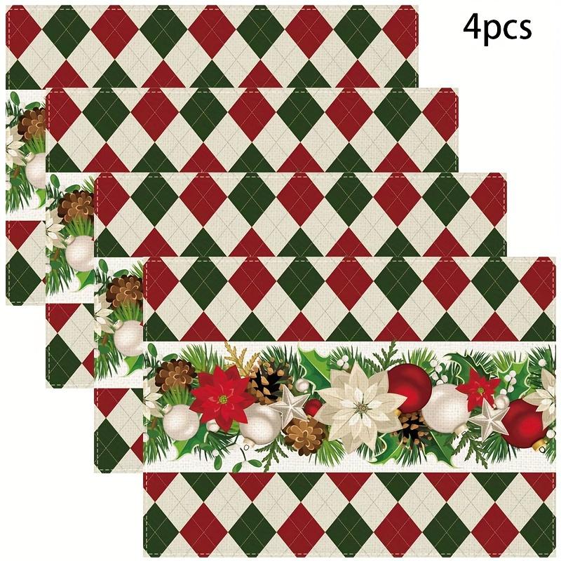 4pcs, Christmas Linen Placemat, Christmas Theme Placemat, Red Heat Insulation Pad, Kitchen Decorative Table Mat Western