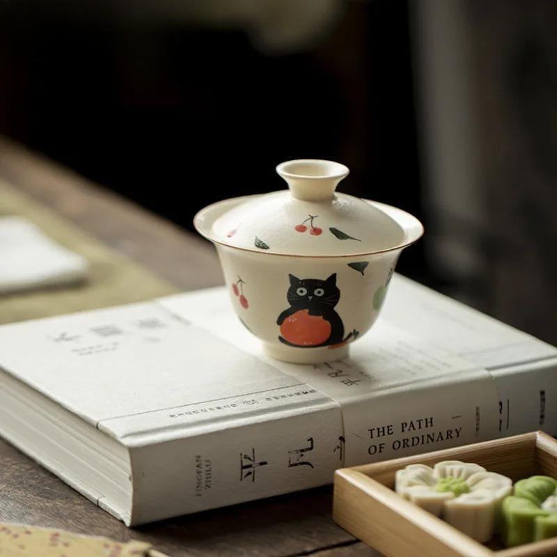 New Hand Painted Orange Cat Gaiwan Cute Ladies Tea Bowl Heat Resistant Kung Fu Tea Set Brewing Cup Exquisite Household Tea Set