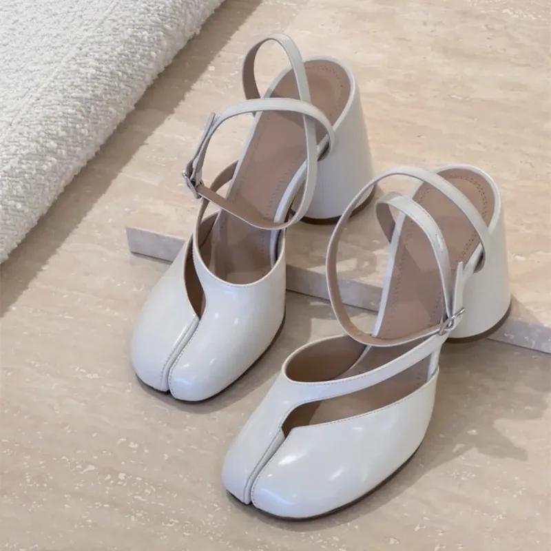 Ins Style Fashion Patent Leather Split Toe Women Pumps Spring Summer Thick High Heels Slingbacks Female Tabi Chunky Casual Shoes