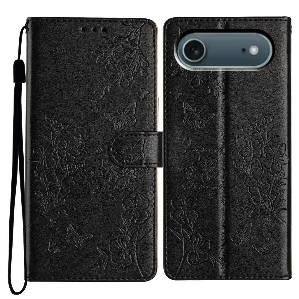 For iPhone 17 Air Wallet Phone Case Butterfly Floral Imprint Leather Flip Cover with Strap
