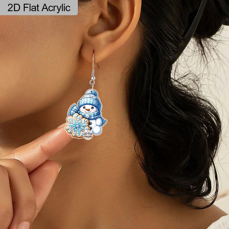 2D Flat Blue Snowflake Snowman Drop Earrings, Lightweight Acrylic Material, Ideal Choice for Party Gifts and Jewelry Gifts.