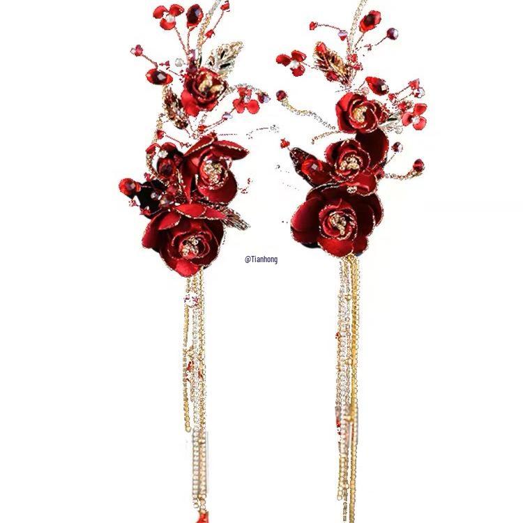 Wine Red Bridal Gown Earring Set with Rhinestone Tassel Headpiece, Flower Hair Clips, and Chinese Toasting Dress Accessories.