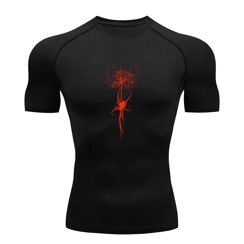 Herren Kompressions-T-Shirt, Fitnessstudio Laufen Schnell Atmungsaktiv Trocken Enganliegende Sportbekleidung, Totenblumen-Aufdruck T-Shirt Kurzarm RL0546