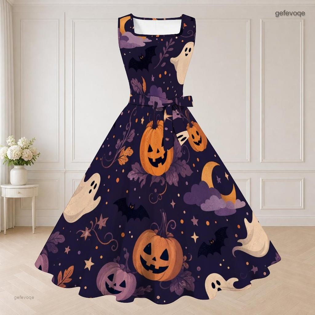 Women Plus Size Two Piece Outfit Halloween Print Sleeveless Square Neck Tie Waist Flared Dress Short Sleeve Cropped Shrug