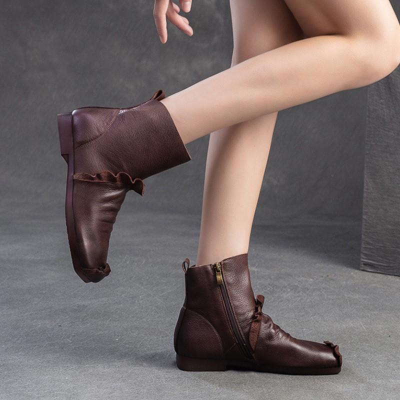 Johnature Kurze Stiefel aus weichem Rindsleder mit quadratischer Zehenpartie, vielseitige, bequeme Damenschuhe aus echtem Leder im Retro-Stil