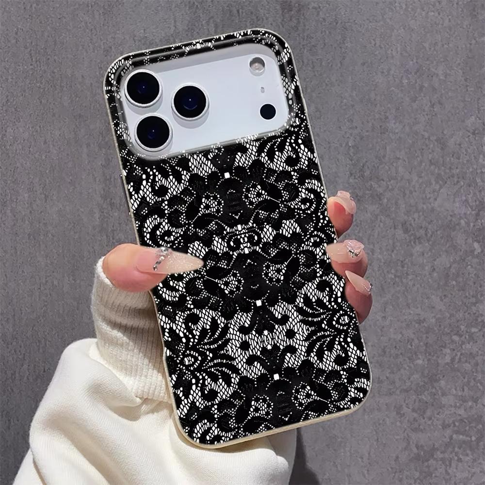 Black Lace Pattern Phone Case For iPhone 17 Pro Max 16 Plus 15 Pro 14 11 13 12 11 16E 17Air XR XS Lychee Textur Soft Cover