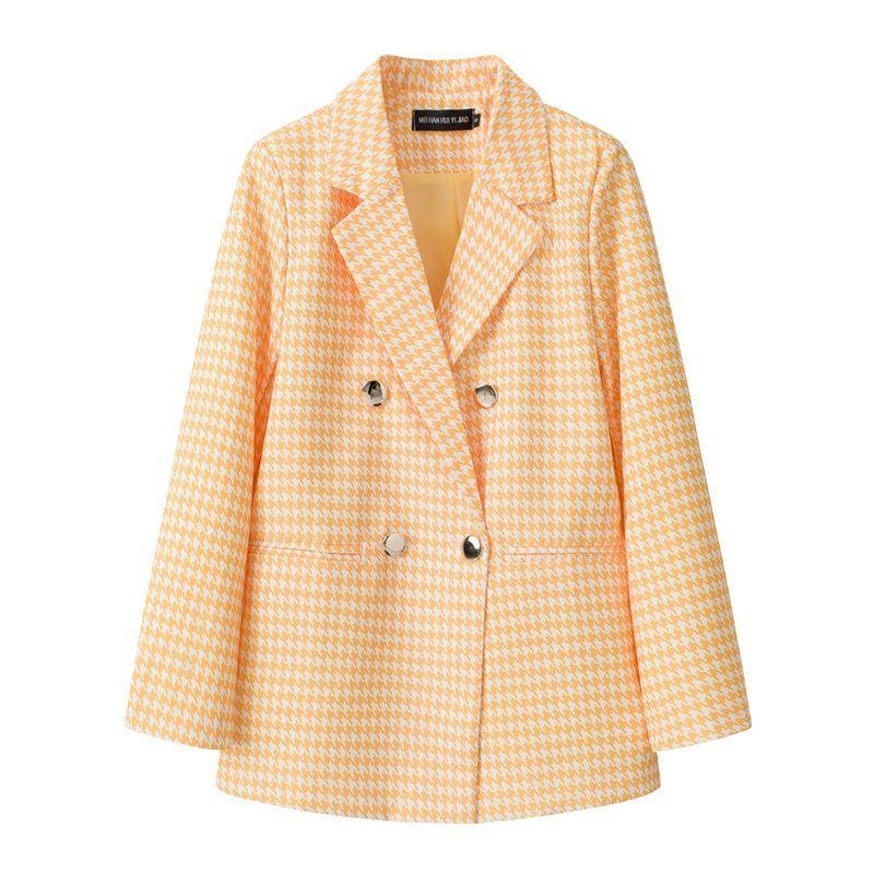Blazer a Pied de Poule Blu e Bianco Stile Britannico da Donna con Bavero Elegante Cappotto Completo Nuova Collezione Outerwear per Performance