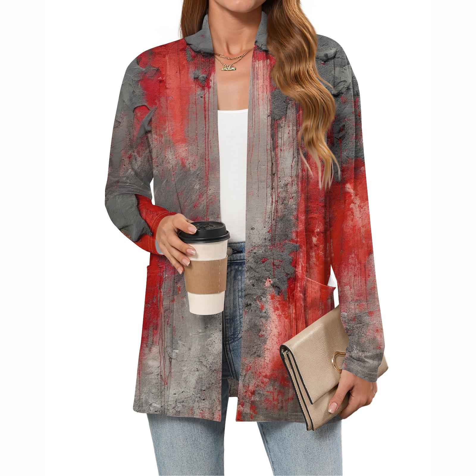 

Женские легкие кардиганы с открытой передней частью, с длинными рукавами, повседневные, свободные, тонкие кардиганы с карманами XXL красный