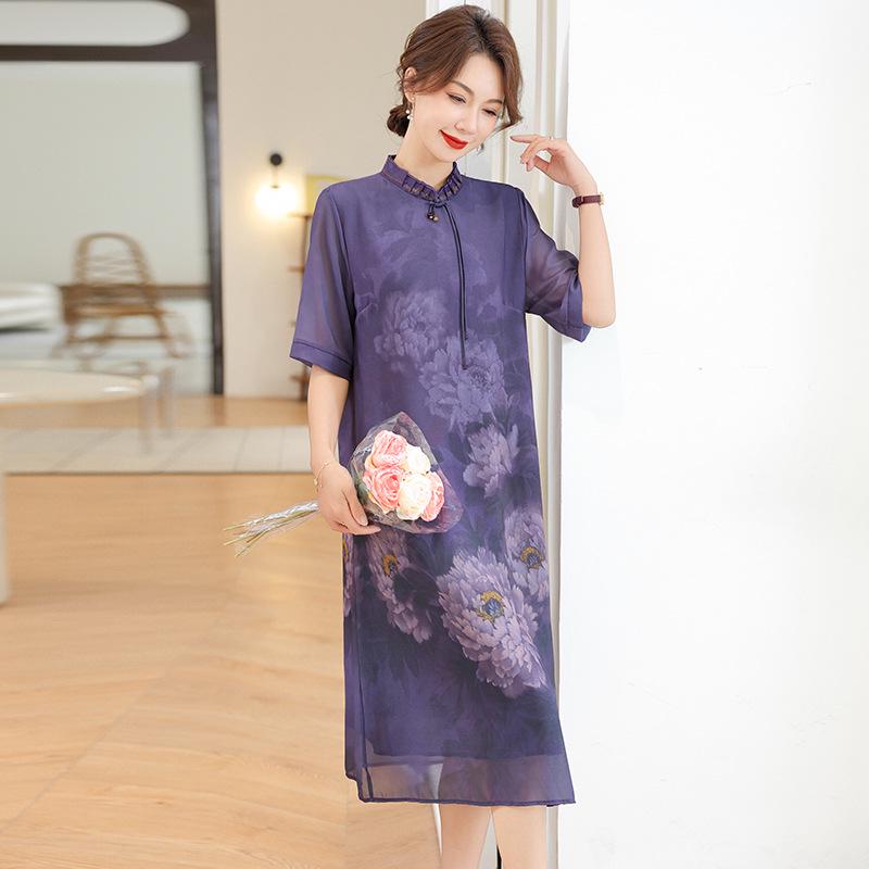 Mom's Stylish 2026 Summer Chinese Qipao Dress: Modern Short-Sleeved Chiffon for Middle-Aged & Elderly Women