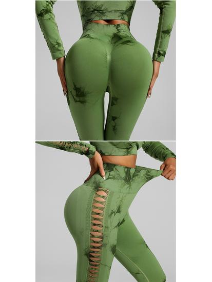 European American Tie-Dye Butt-Lift Yoga Set: Long Sleeve, Seamless Fitness Clothing with Hollow Out Design