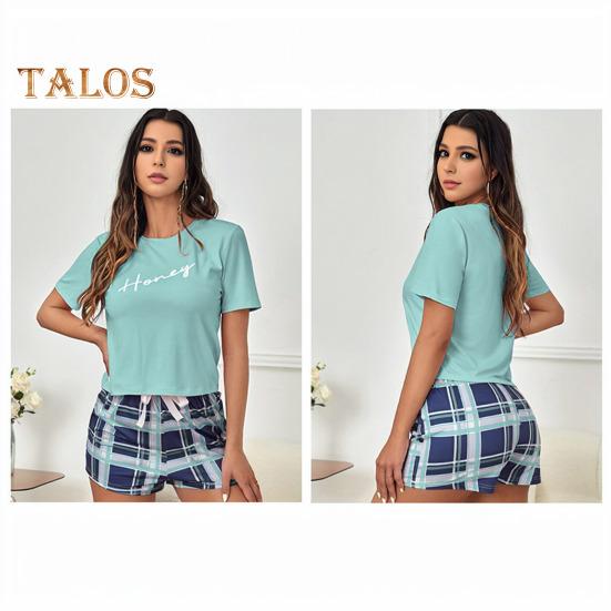 2 Pcs/Set Women Summer Pajama Set O Neck Letter Print Short Sleeves T-shirt Drawstring Elastic Waist Plaid Pattern Homewear Two Piece Set Sleepwear