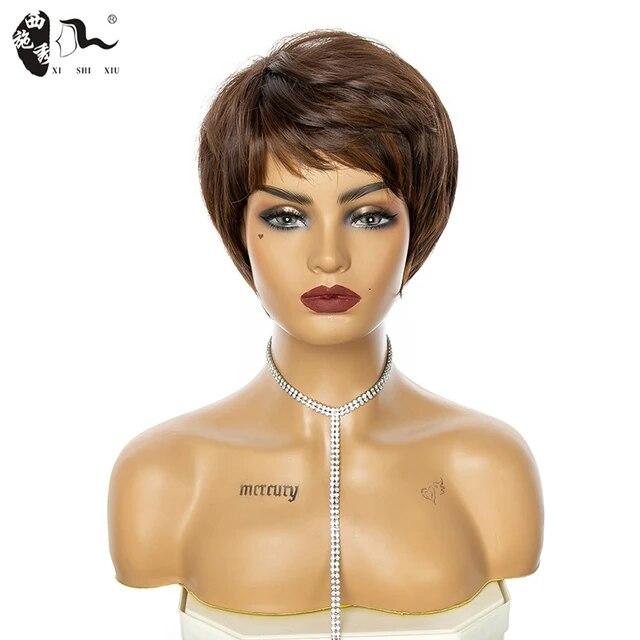 

Короткий смешанный блондин-коричневый синтетический парик из натуральных волнистых волос с челкой, термостойкий парик из волокна для белых женщин, повседневные парики для косплея 1 PC