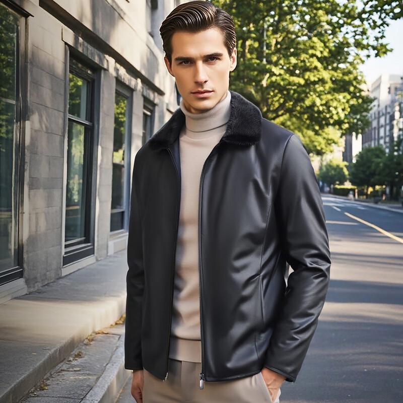 Futting Men's Genuine Leather Down Jacket with Mink Fur Collar