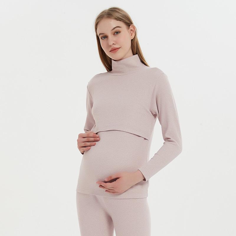Soft Cotton High Neck Maternity Nursing Top with Horizontal Opening for Breastfeeding, Thickened for Warmth - Autumn/Winter.
