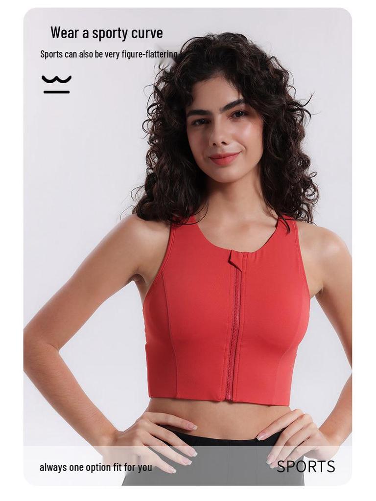 High-Impact Lycra Sports Bra with Front Zipper and Fixed Cups