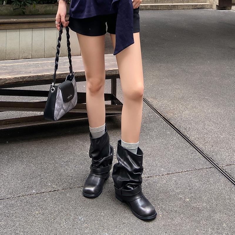 Spot second hair! Inner height increase 6cm western cowboy boots pleated polished stacked boots retro thick heel fashion boots women