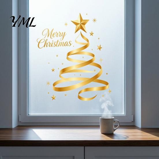 Seasonal Home Decoration Gold Ribbon Christmas Tree Static Cling Window Decal, Merry Glass Clings Sticker with Stars, Reusable Holiday Decor for Shop