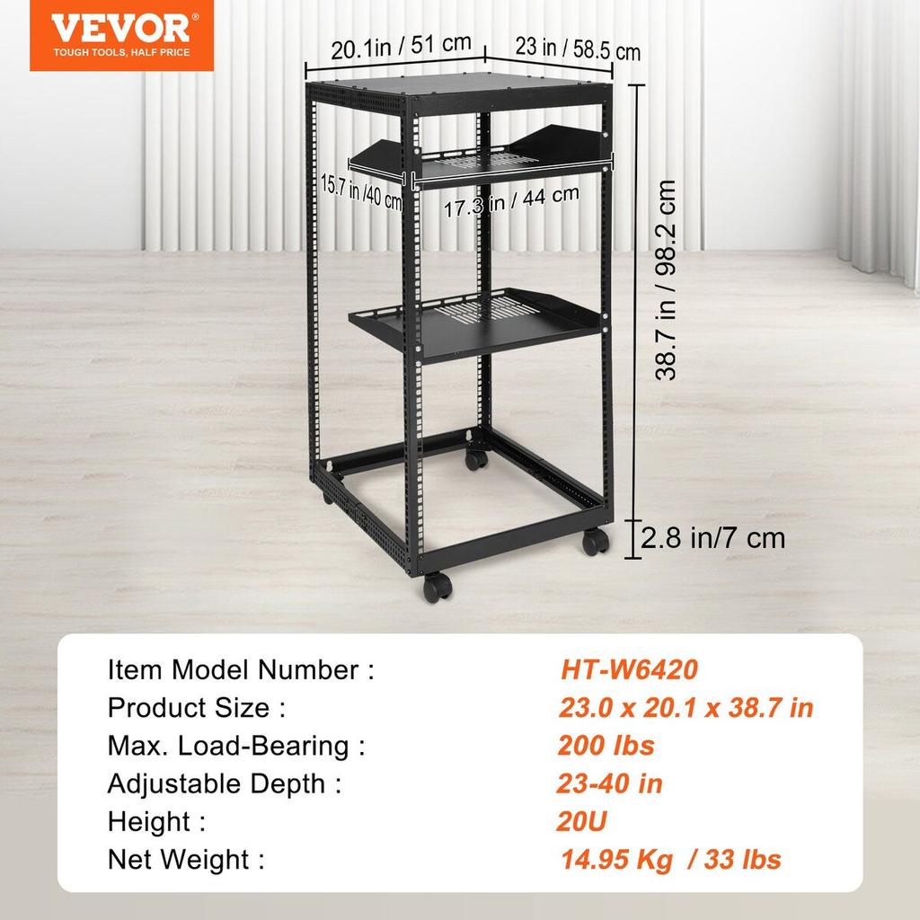 20U Open-Frame Serverrack, 15''-40'' Verstellbare Tiefe, Freistehend oder Wandmontage Netzwerkserverrack, 4-Säulen AV-Rack mit Rollen, Bietet Platz für alles Ihre