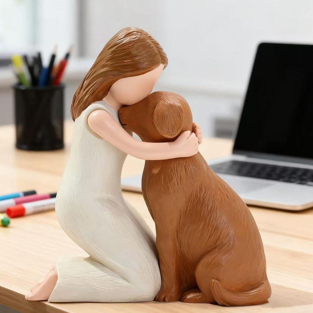 Girl Hugging Pet Dog Miniature Statue Decorative Resin Ornament Loss of Pet Sympathy Gift for Animal Pet Lover Present