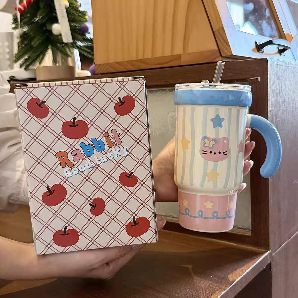 Straw Cup with Lid High Value Ins Mug Couple Ceramic Water Cup Large Capacity Birthday Gift for Girls