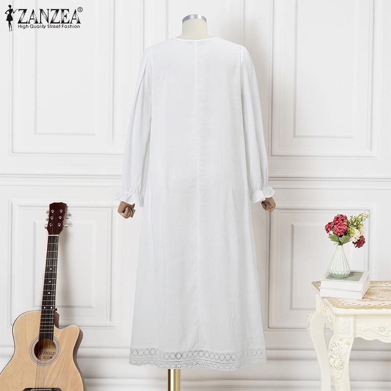 ZANZEA Women Summer Round Neck Trumpet Long Sleeve Lace Dresses