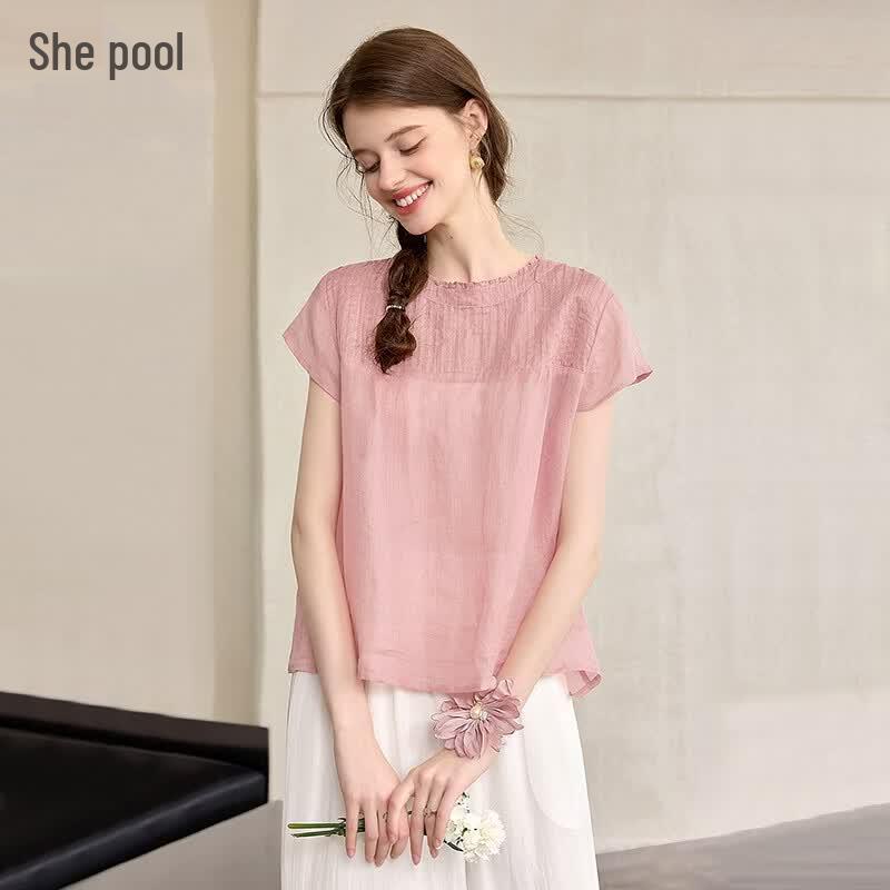 Sweet Lace Round Neck Pleated Blouse S