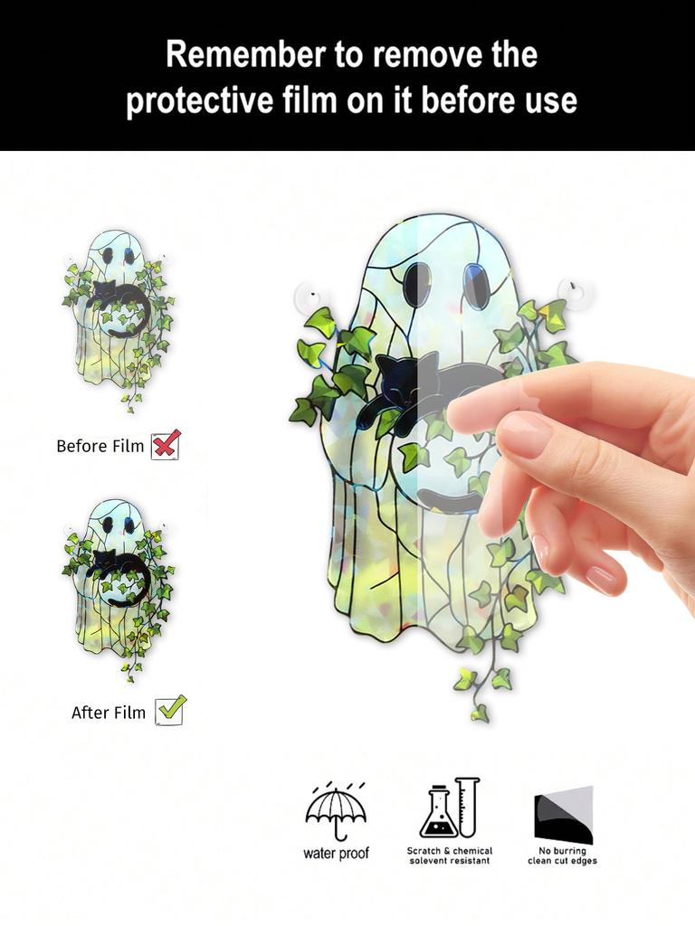 Cute Halloween Ghost Hanging Decor Window Ornament Acrylic Suncatcher with Black Cat & Green Leaf Wall Pendant for Home & Party
