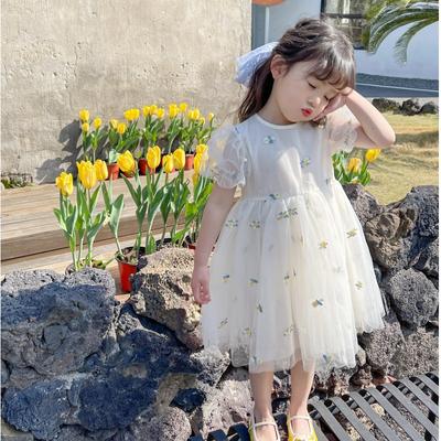 Dívčí letní šaty Nové vyšívané roztomilé šaty Korejský styl Princezna nadýchané síťované princeznovské šaty