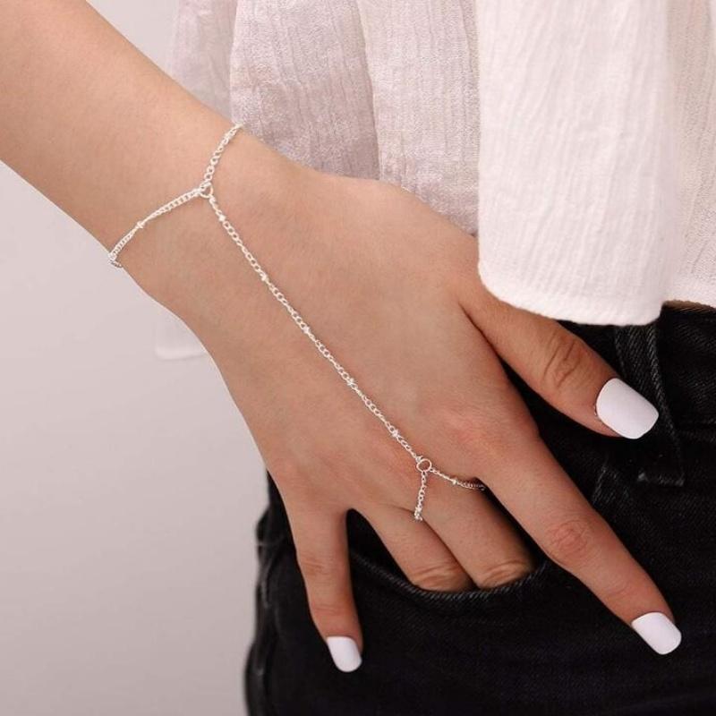 Gold CopperColor Bead Chain Bracelet For Women Trendy Ring Bracelet Hand Chain Finger Ring Slave Cuff Bracelet Mothers Day Gift