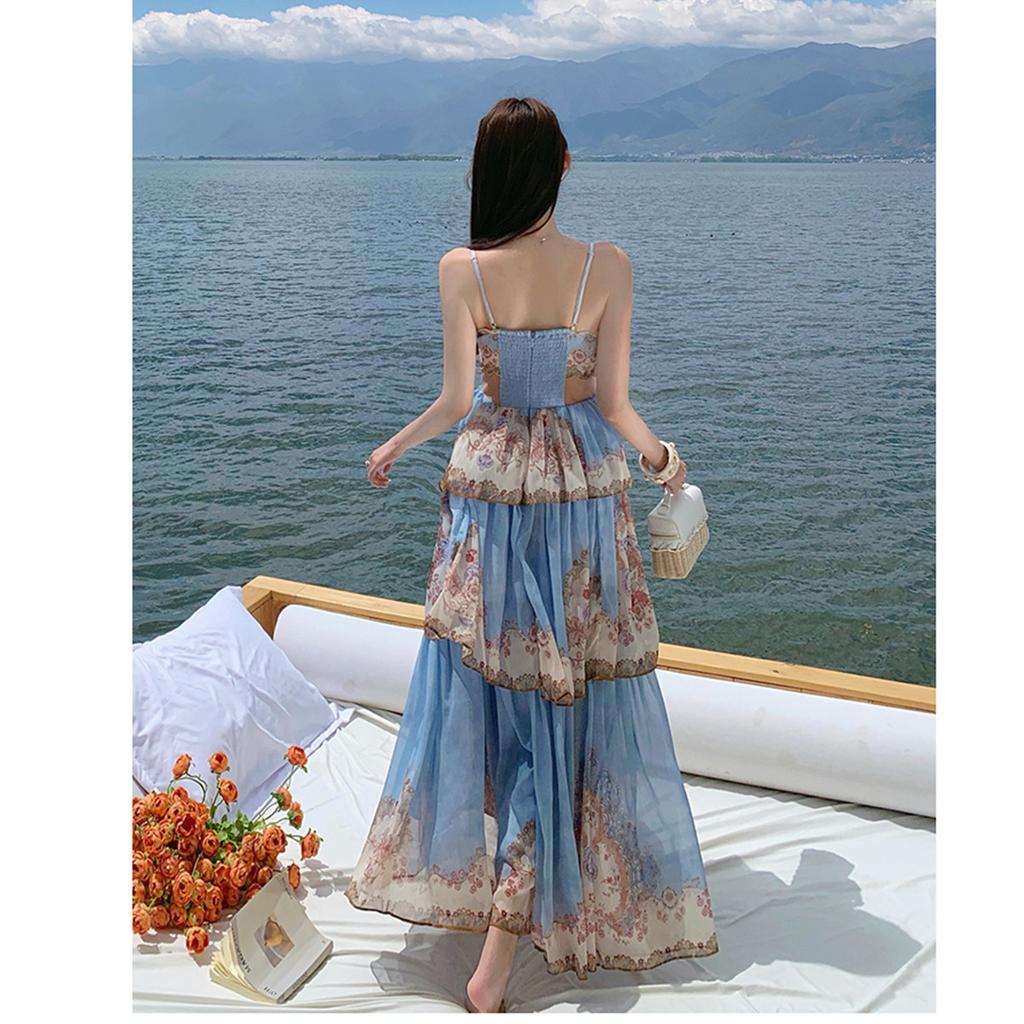 French Romantic Style Blue Floral Spaghetti-Strap Long Dress for Women Summer Korean-Style Tiered Slimming VacationBeach Dress