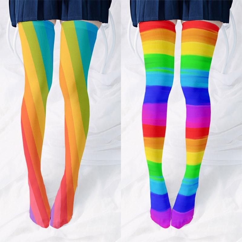 Rainbow Multicolor Striped Print Over the Knee Stockings for Women Carnivals Parties Anime Thigh High Long Socks Hosiery