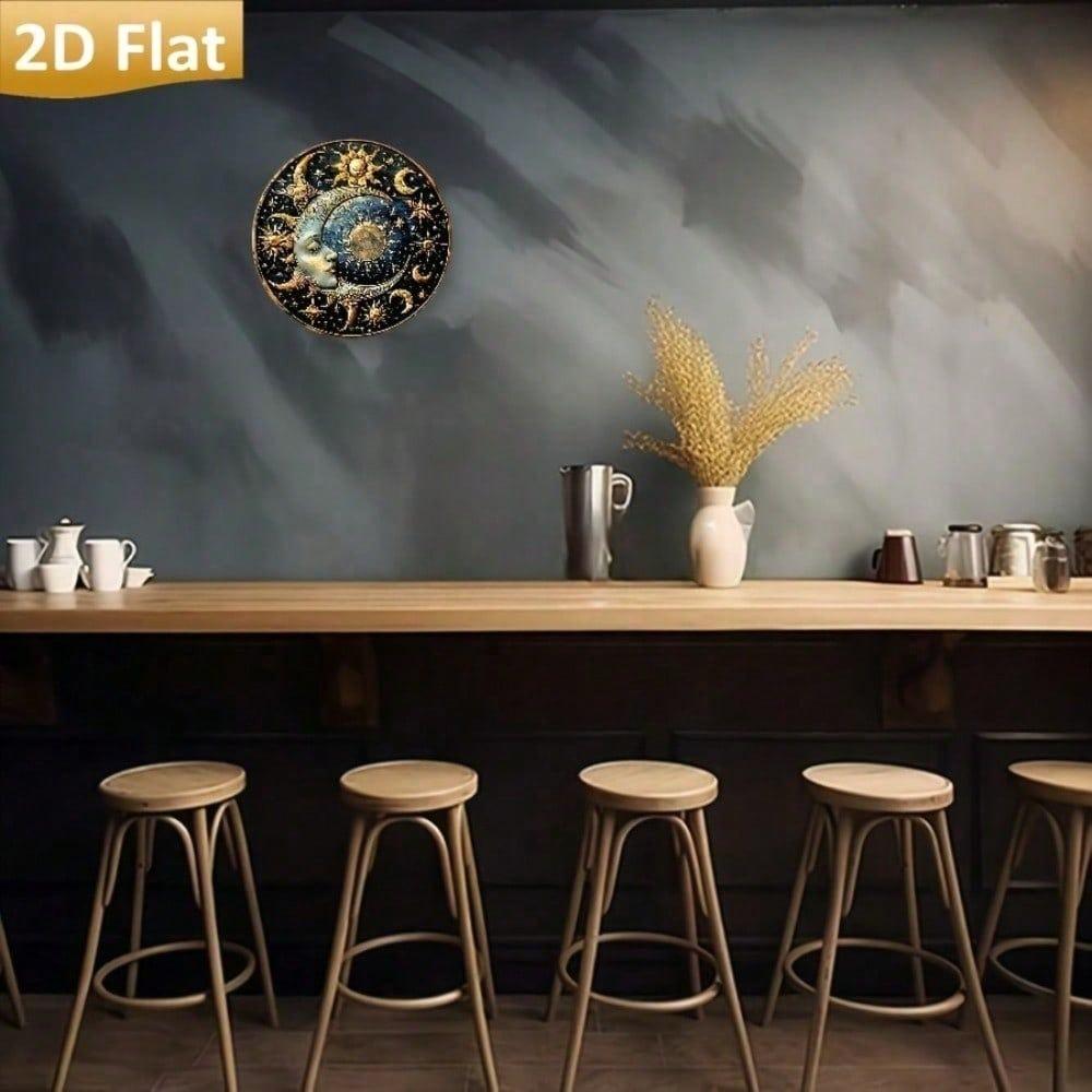 Vintage Sun and Moon Aluminum Metal Art Sign, 2D Circular Wall Decor for Home Bar Cafe