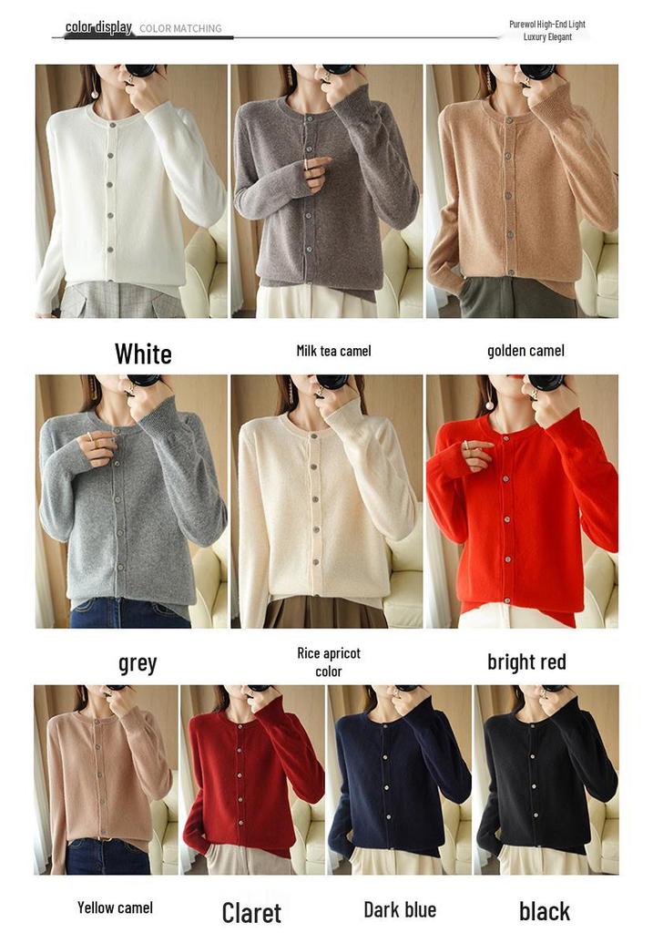 Women's Loose Plus Size Pure Wool Cardigan - Round Neck, Long-Sleeve, Anti-Pilling Knitwear for Spring & Autumn