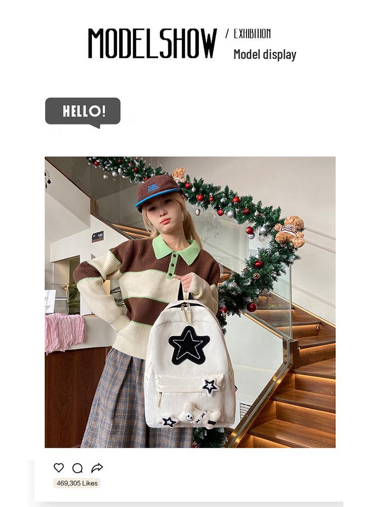 Star Women's Corduroy Backpack - Large Capacity, College Style for Junior & High School Students