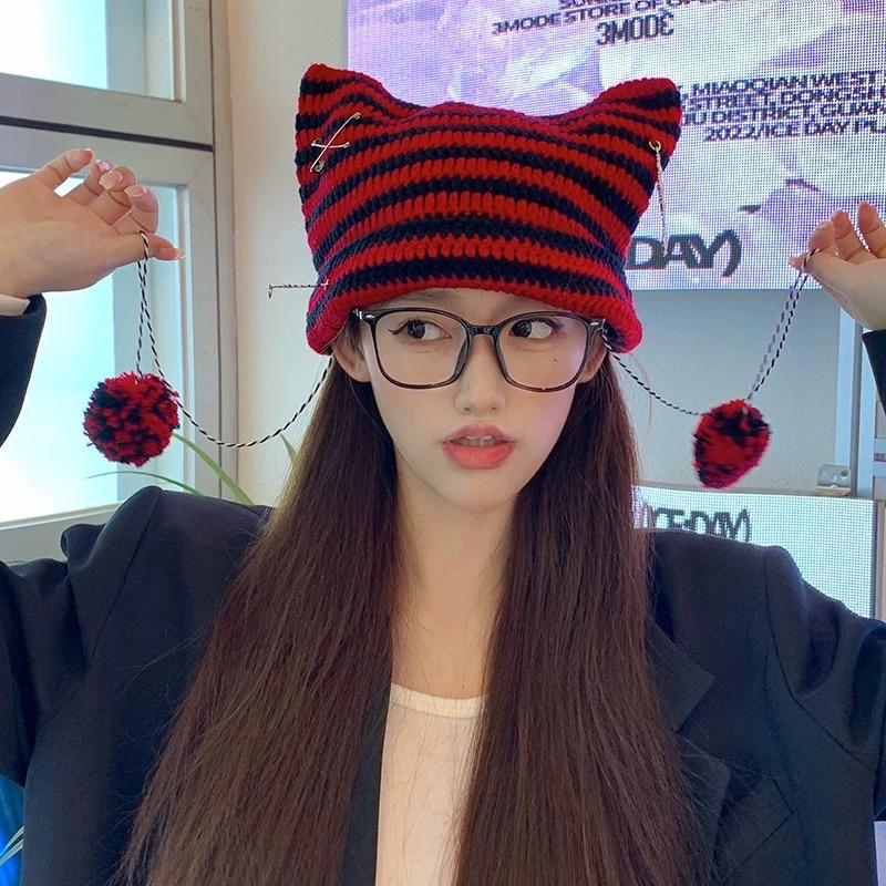 Japanese Streetwear Harajuku Beanie Hat Little Devil Striped Knitted Hat ForWomen Girls Autumn Winter Cute Cat Ears Cap